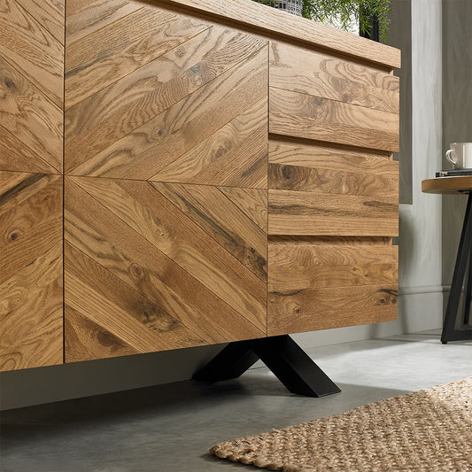 Solid oak wide sideboard with rustic oak marquetry tops & black powder coated metal base
