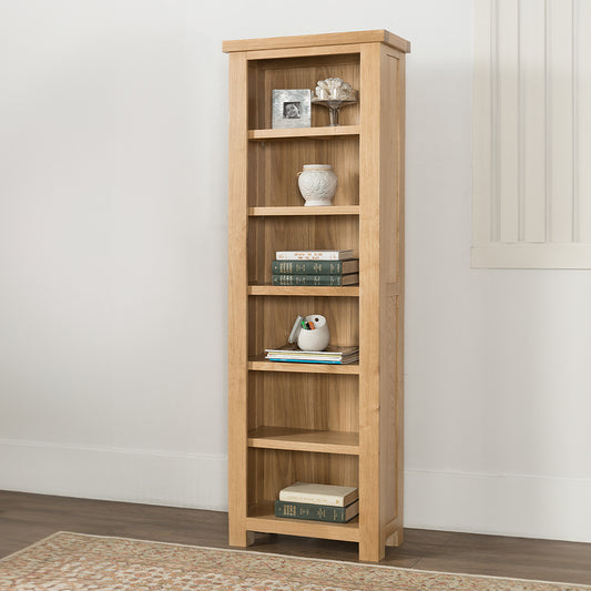 Oak slim bookcase in natural finish with six shelves