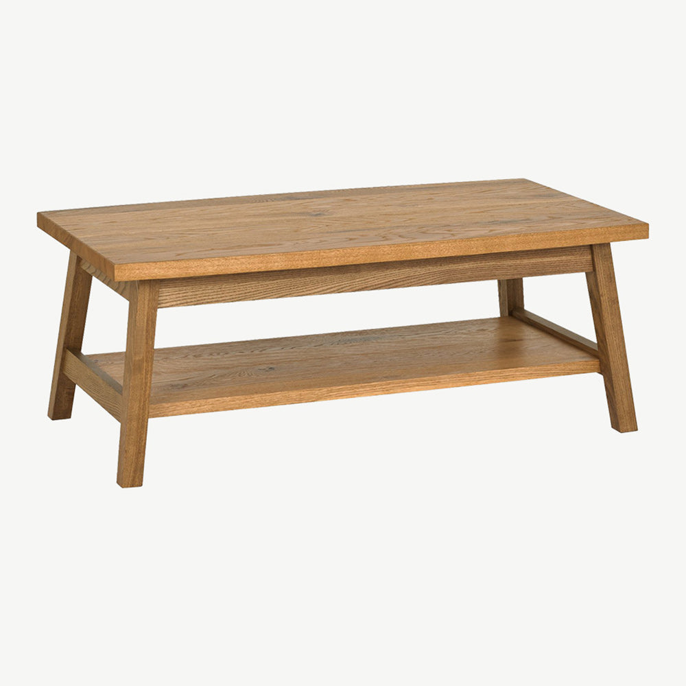 Rustic oak coffee table with laminated oak tabletops and solid ash legs all in natural finish