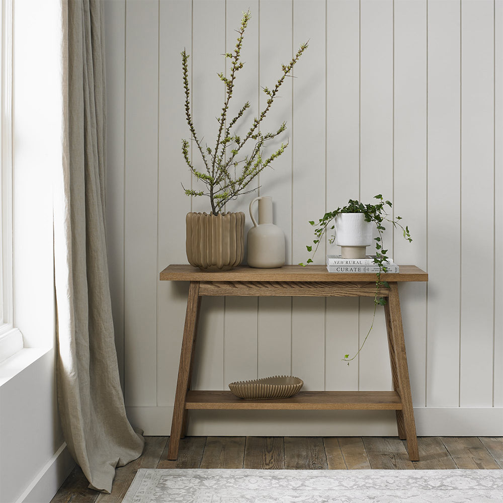 Rustic oak console table with shelf, laminated oak tabletops and solid ash legs all in natural finish
