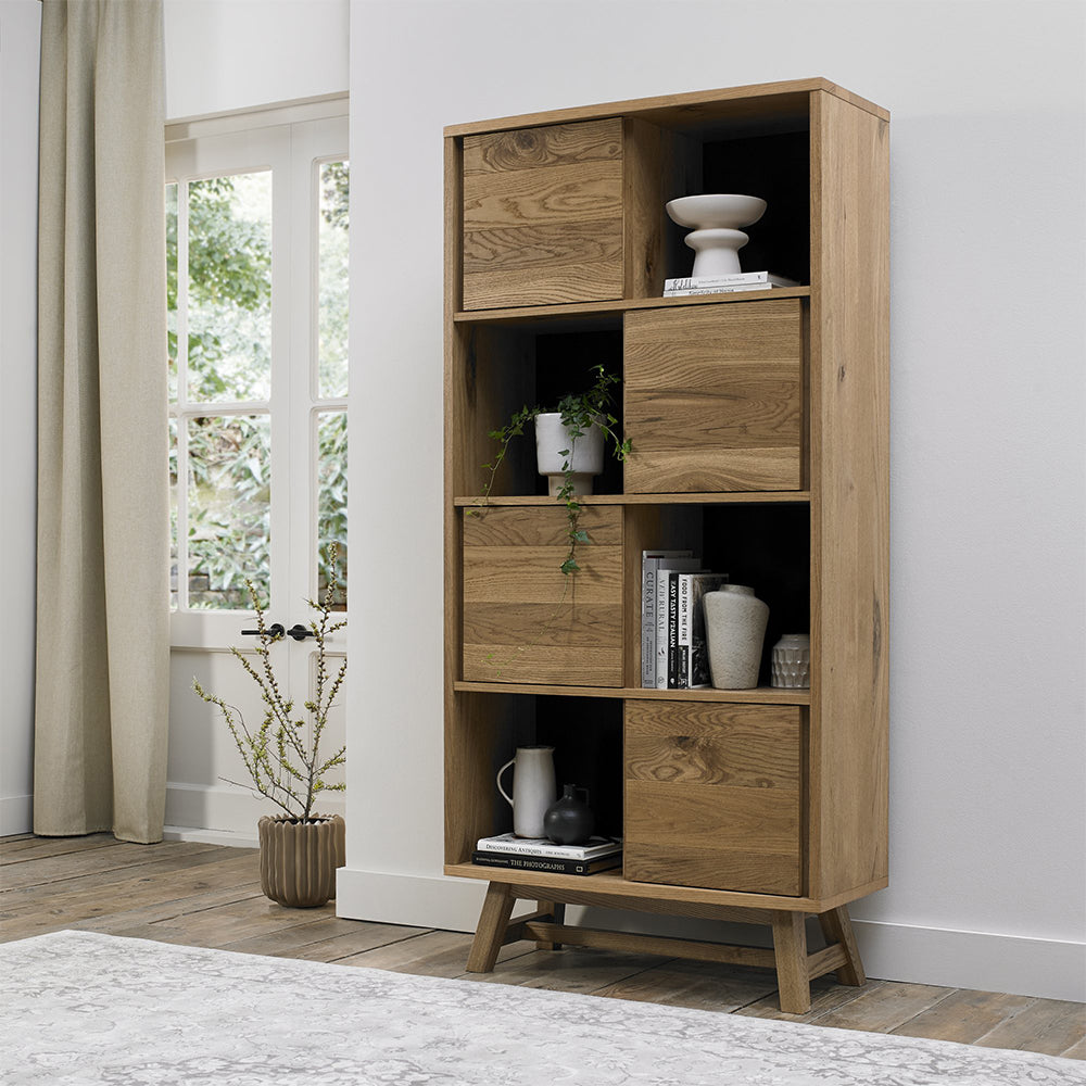 Rustic oak display cabinet with laminated oak top and solid ash legs all in natural finish
