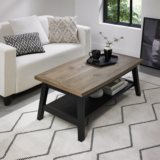 Oak veneer coffee table with black peppercorn solid ash legs