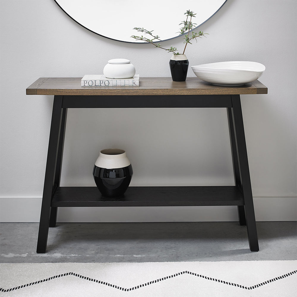 Oak veneer console table with shelf and black peppercorn solid ash legs
