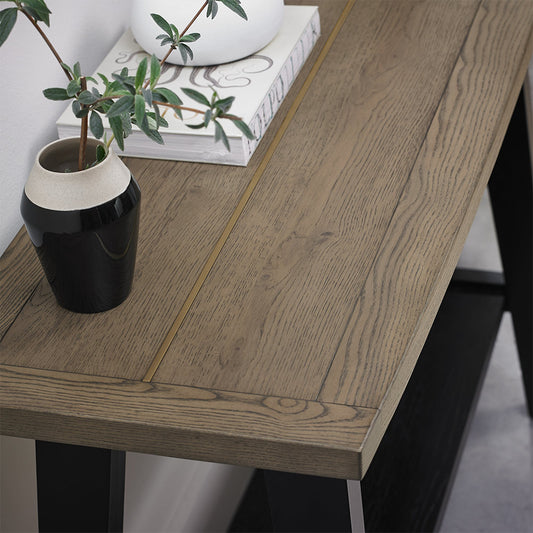 Oak veneer console table with shelf and black peppercorn solid ash legs
