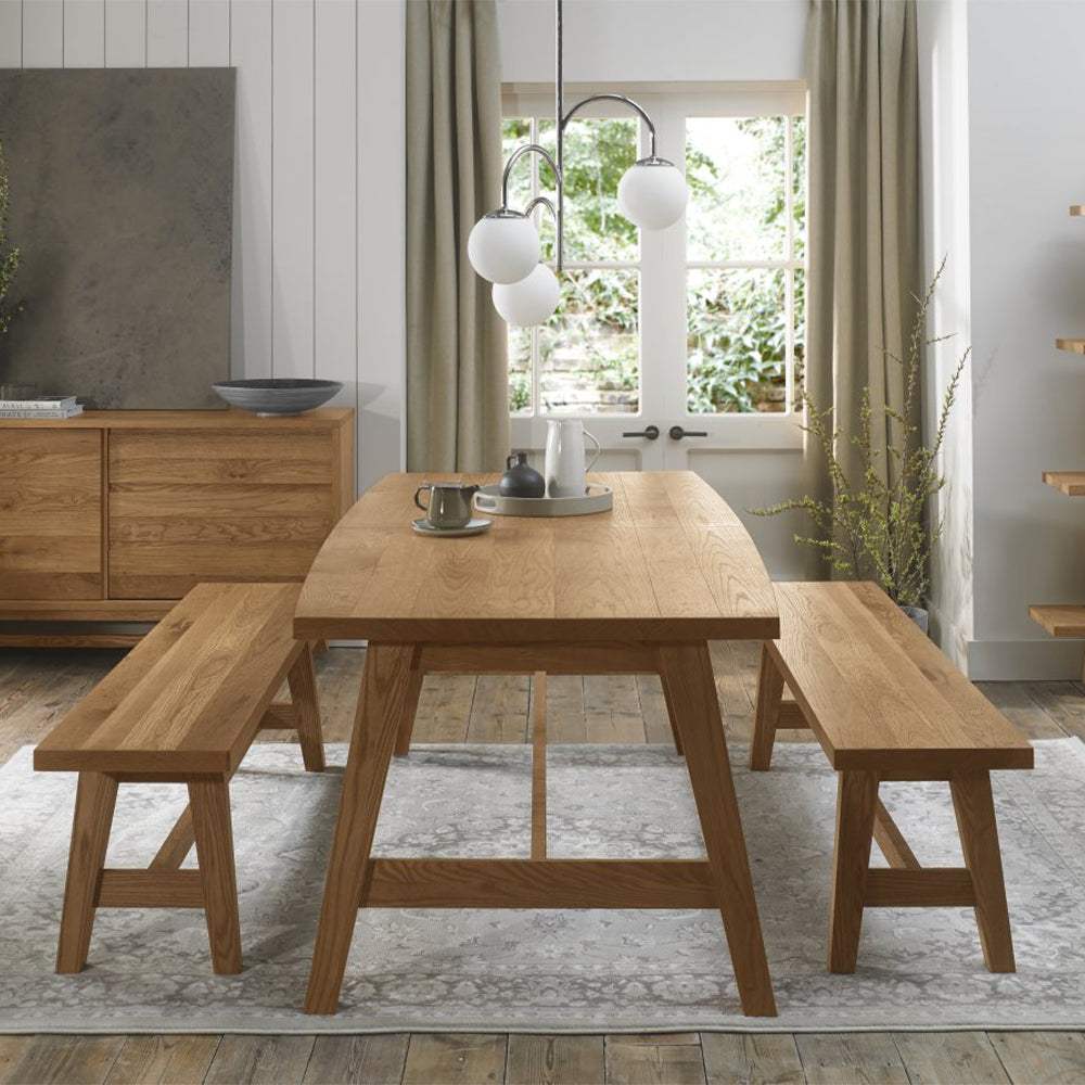 Rustic oak large bench with laminated oak top and solid ash legs all in natural finish
