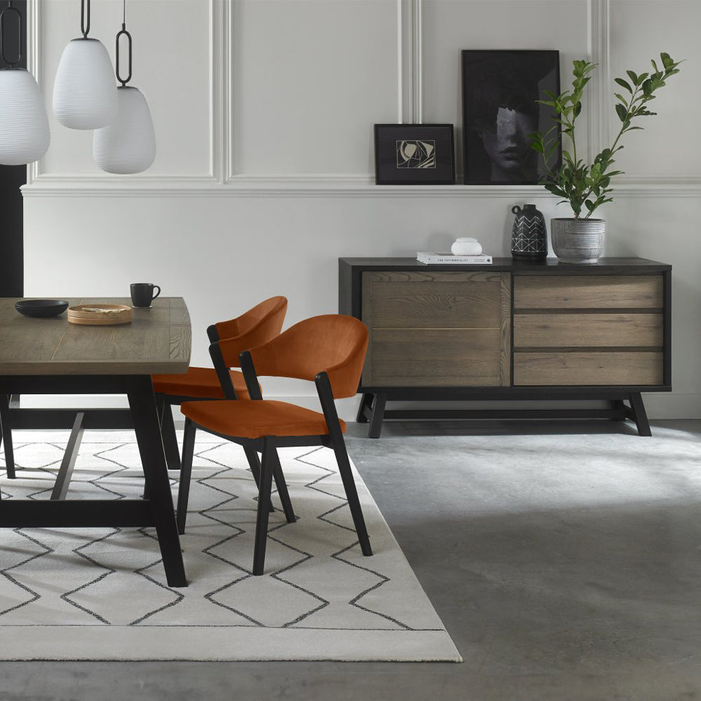 Oak veneer wide sideboard with black peppercorn solid ash legs
