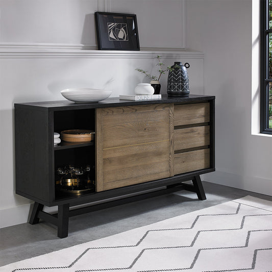 Oak veneer wide sideboard with black peppercorn solid ash legs
