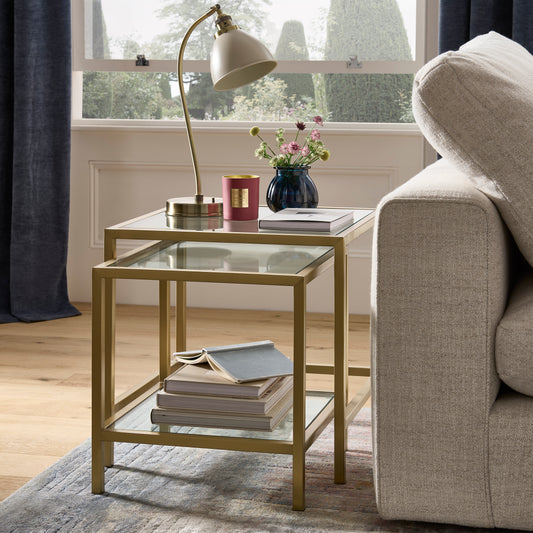 Champagne brass lamp table with glass top