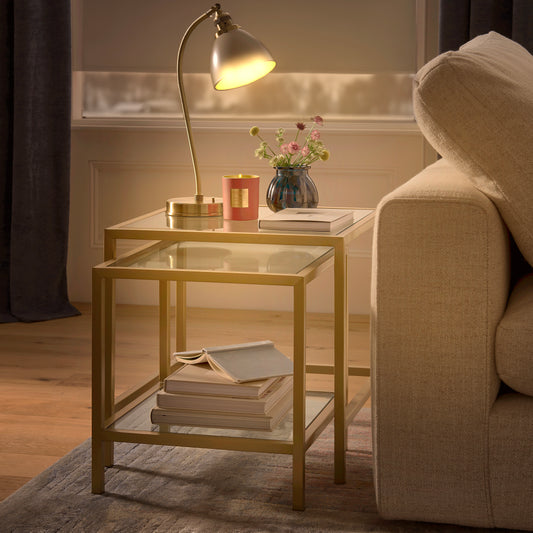 Champagne brass lamp table with glass top