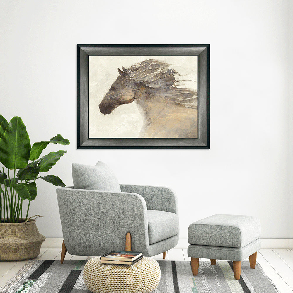 Horse in full gallop wall art tastefully finished in a gunmetal frame with a sleek black edge