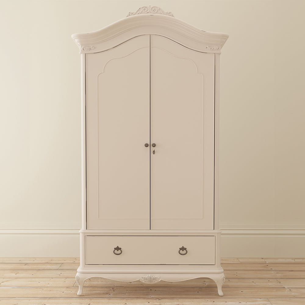 French inspired wooden double wardrobe in cream finish with antique bronze handles and bottom drawer
