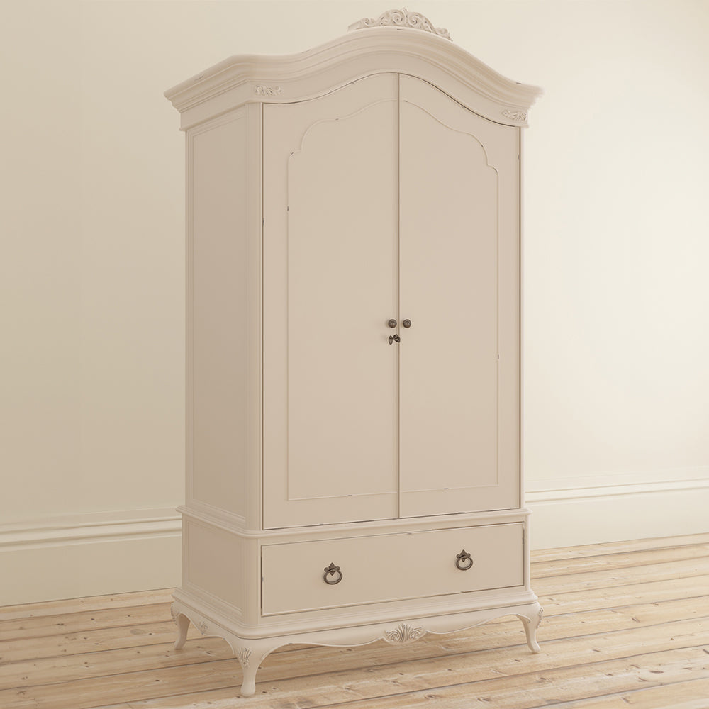 French inspired wooden double wardrobe in cream finish with antique bronze handles and bottom drawer
