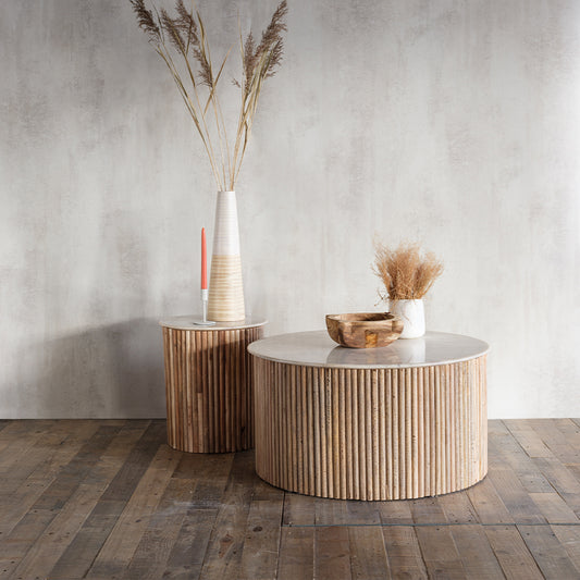 Fluted mango wood coffee table with solid white marble top