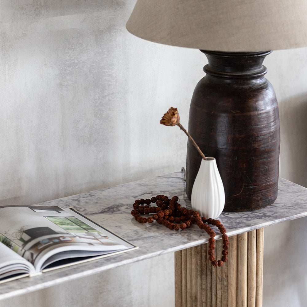 Fluted mango wood console table with solid white marble top