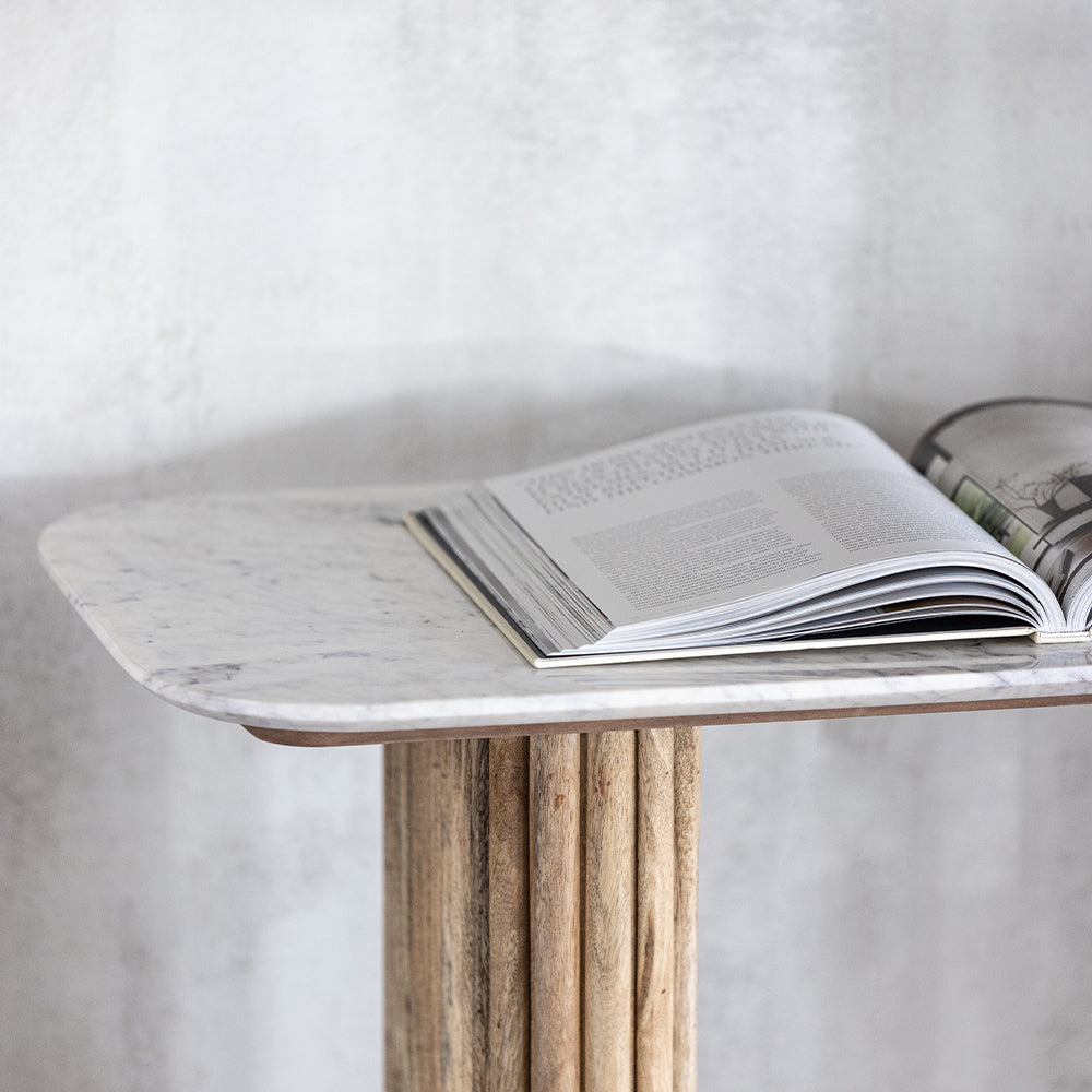 Fluted mango wood console table with solid white marble top