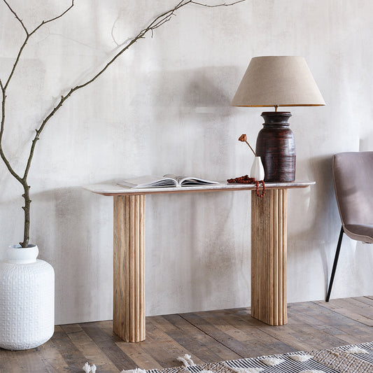 Fluted mango wood console table with solid white marble top