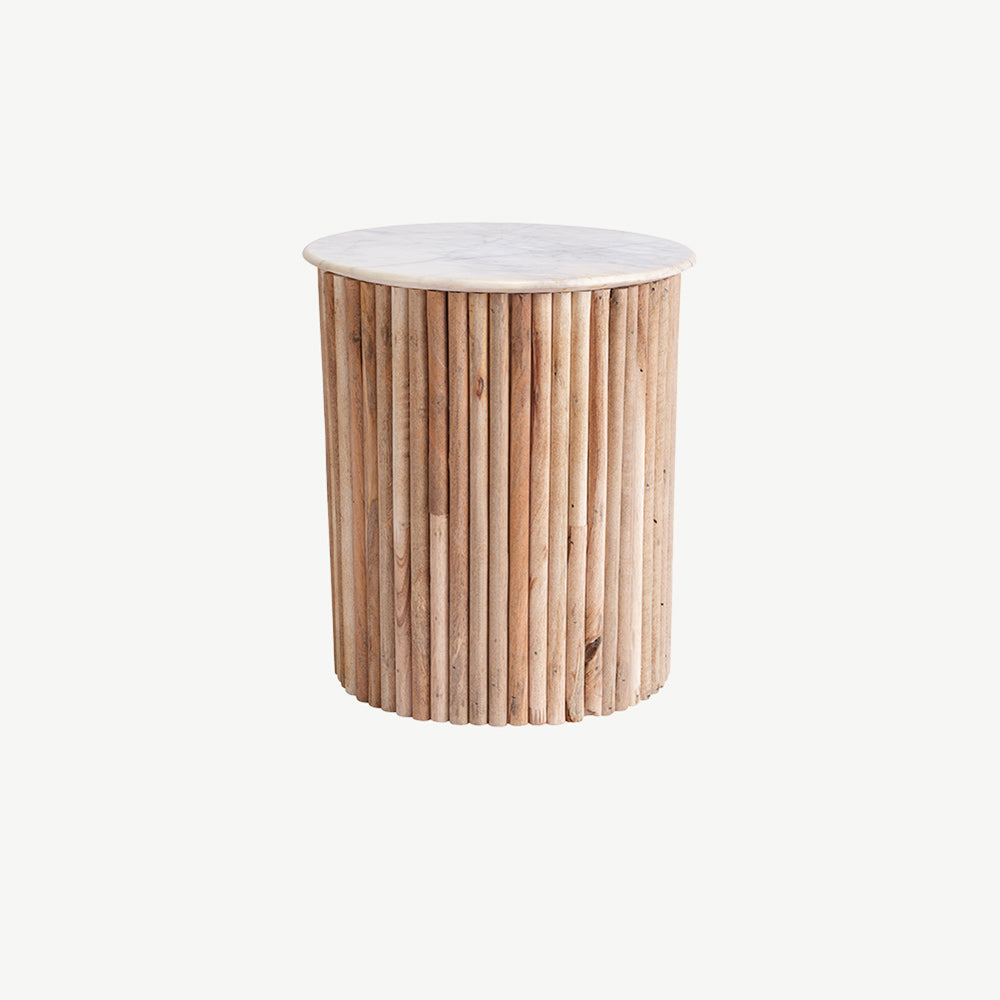 Fluted mango wood lamp table with solid white marble top