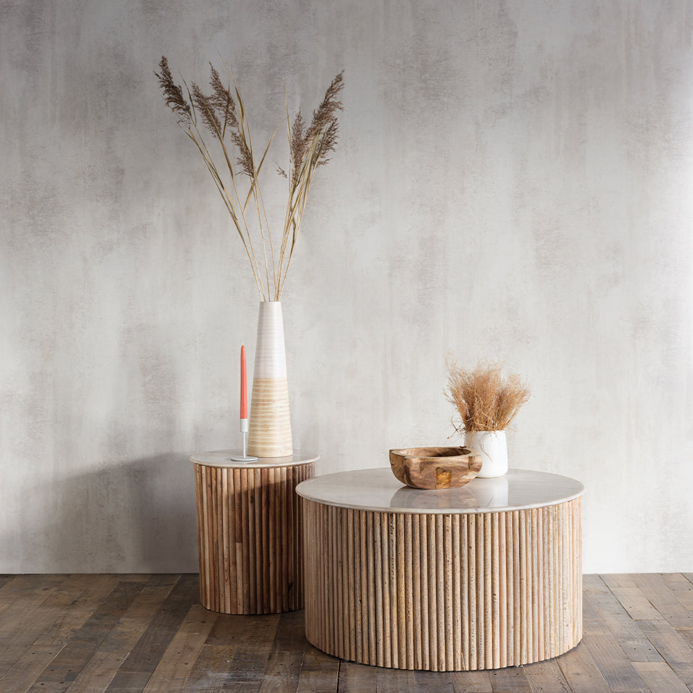 Fluted mango wood lamp table with solid white marble top