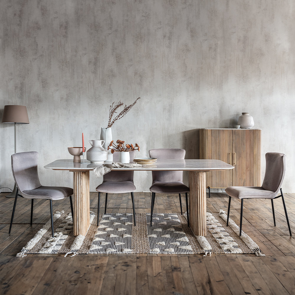 Fluted mango wood rectangular dining table with solid white marble top