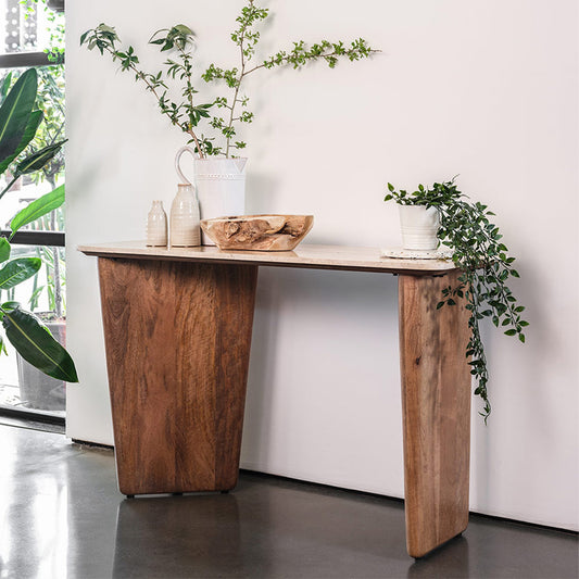 Mango wood console table with travertine stone top
