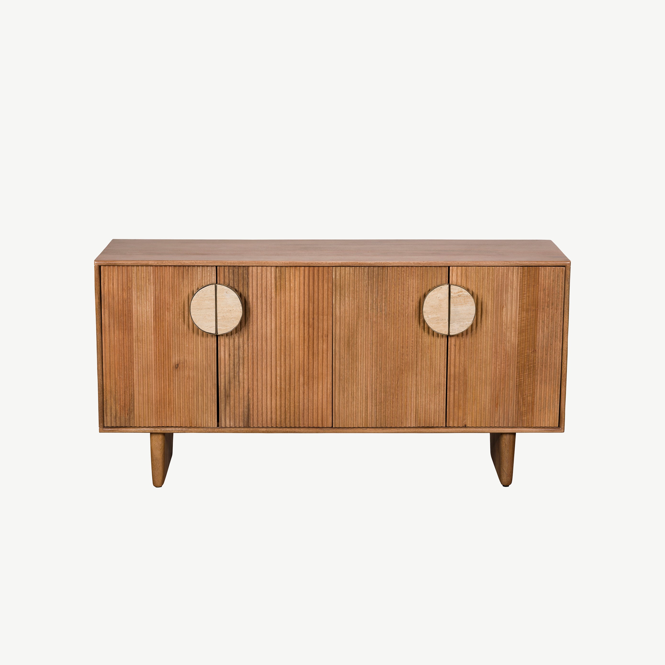 Fluted mango wood wide sideboard with inset handles and travertine stone top
