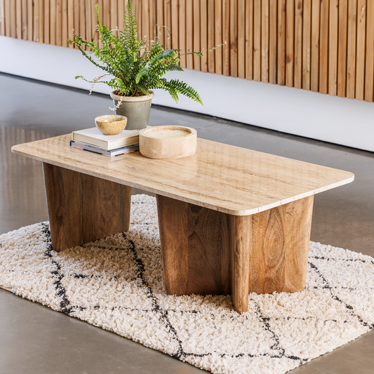 Mango wood coffee table with travertine stone top