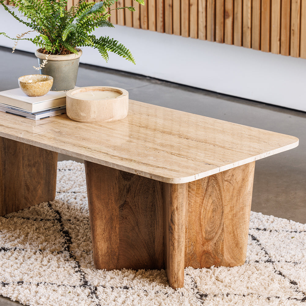 Mango wood coffee table with travertine stone top