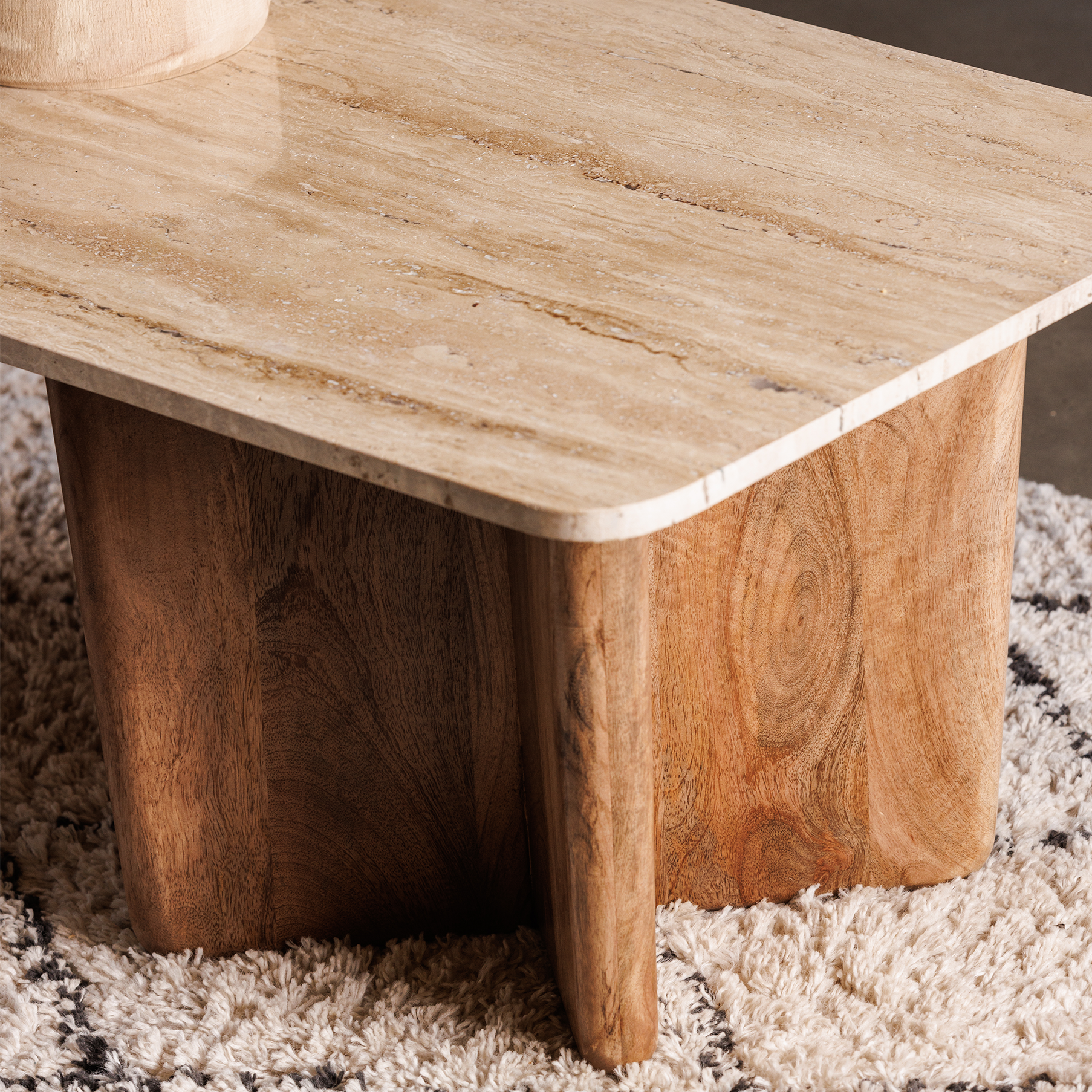 Mango wood coffee table with travertine stone top