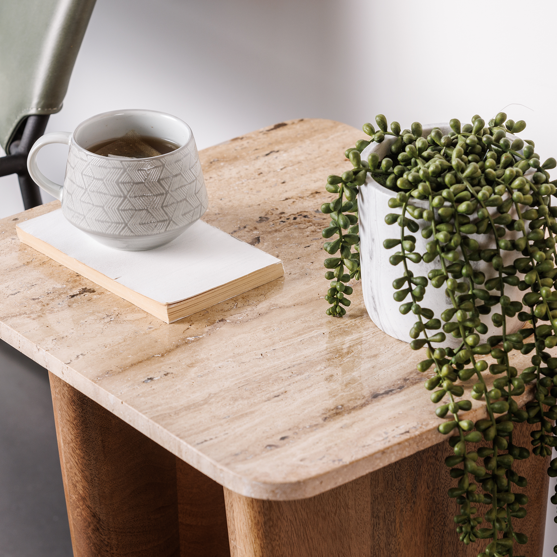 Mango wood lamp table with travertine stone top
