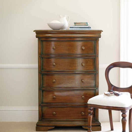 French inspired wooden 6 drawer chest in glossy varnished dark brown finish
