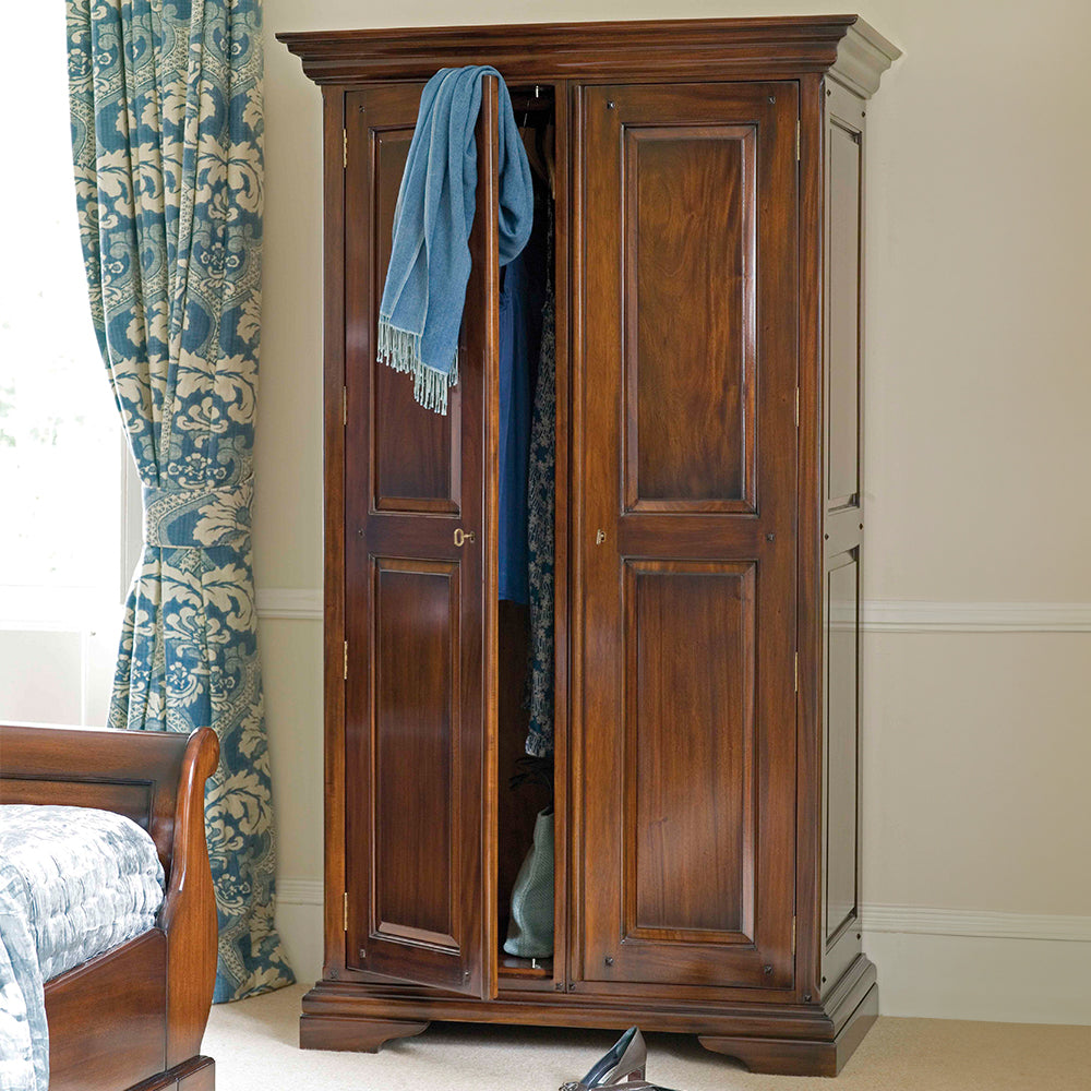 French inspired wooden double hanging wardrobe in glossy varnished dark brown finish 
