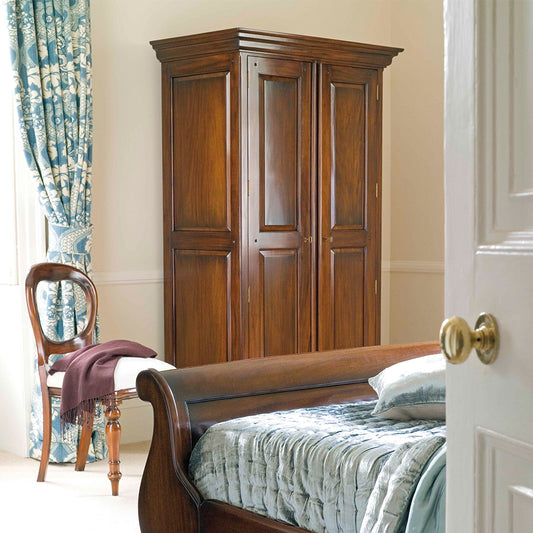 French inspired wooden double hanging wardrobe in glossy varnished dark brown finish 
