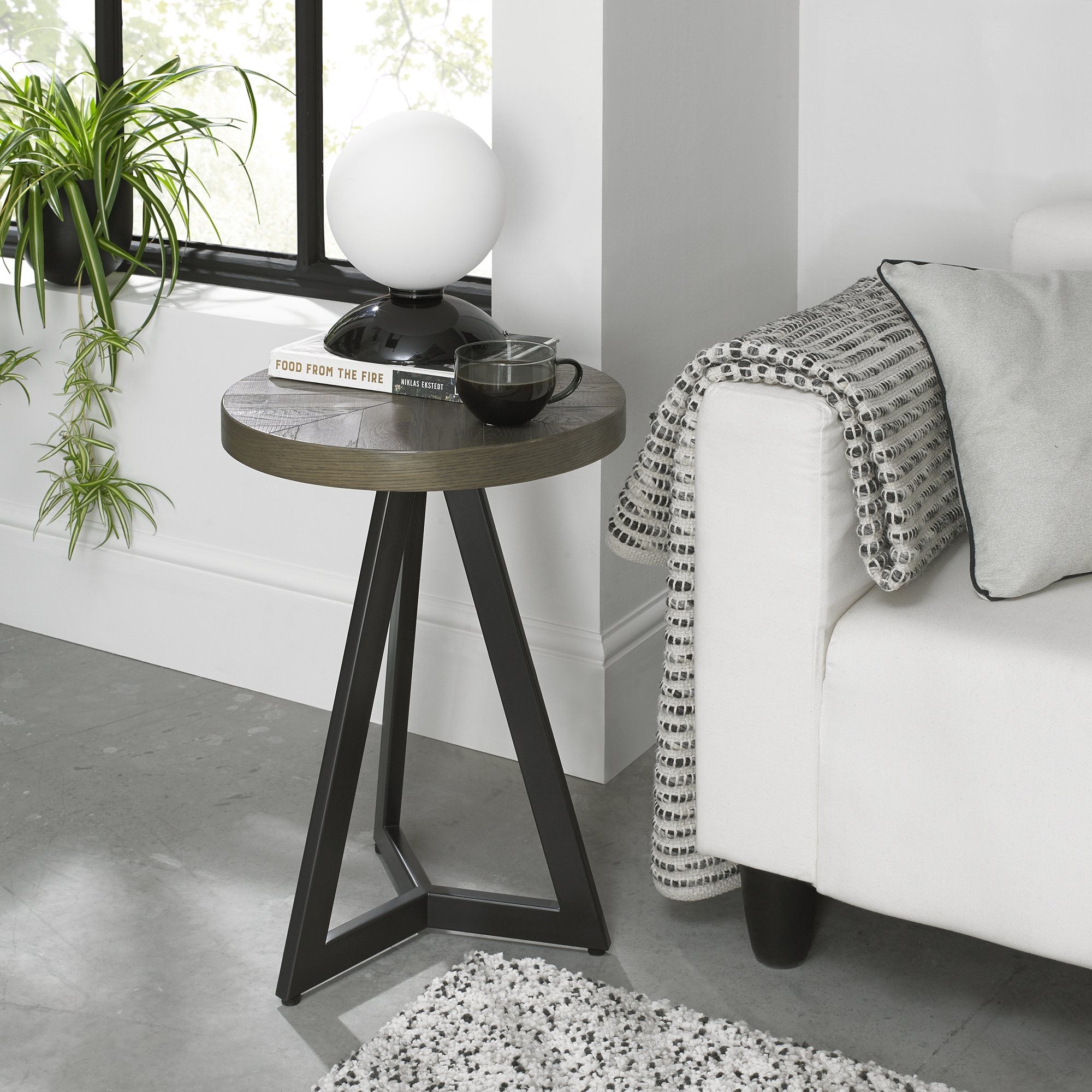 Solid oak lamp table with fumed oak marquetry tops & black powder coated metal base