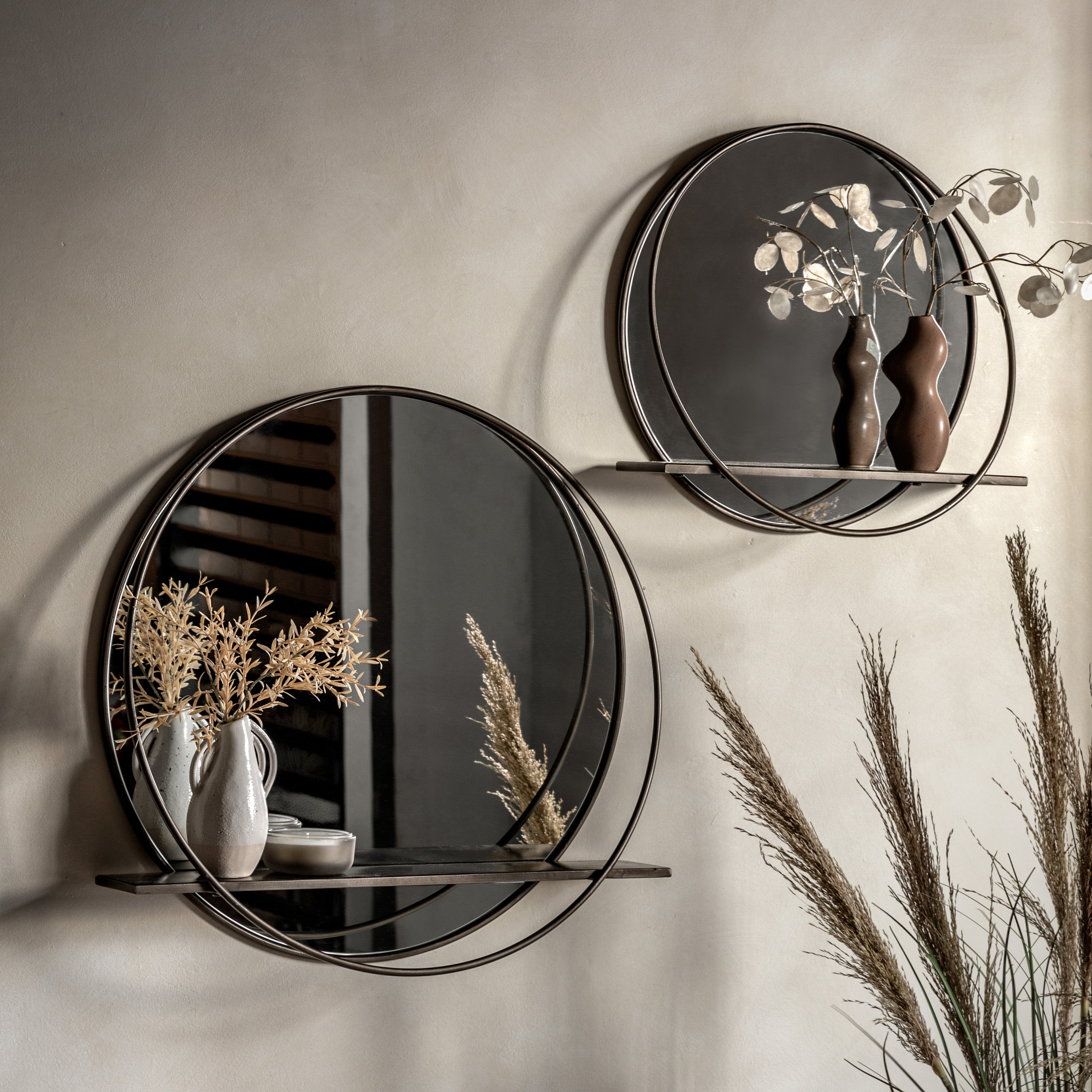 Industrial style double ring mirror with inbuilt shelf 