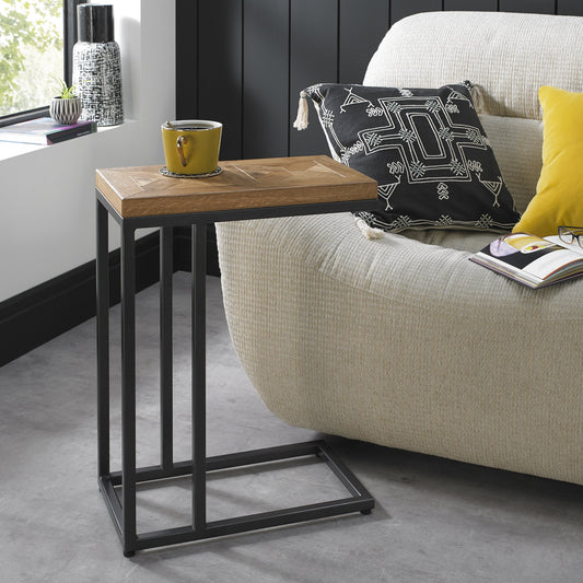 Oak veneer sofa table with black powder coated metal base
