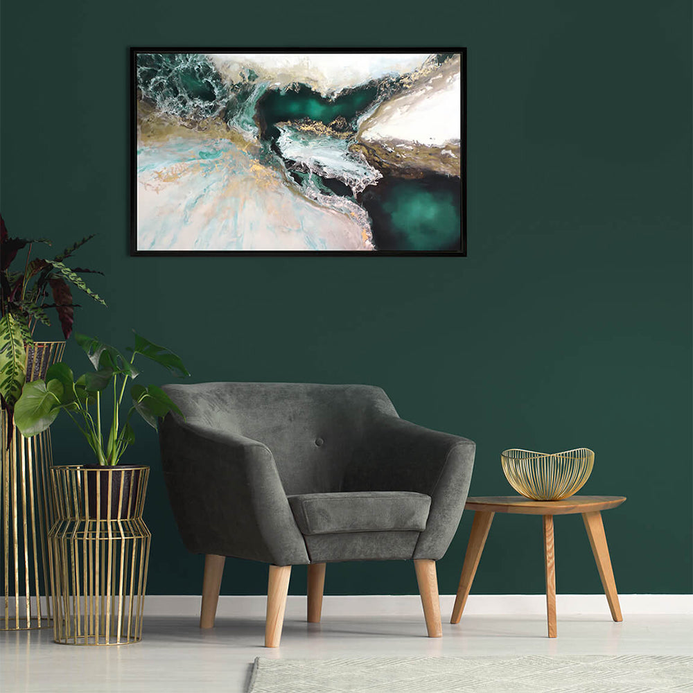 Green, white and gold abstract artwork embellished with gold metal leaf in a black frame