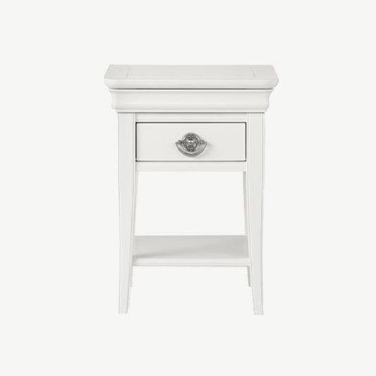 Wooden 1 drawer nightstand in painted white finish with silver handles
