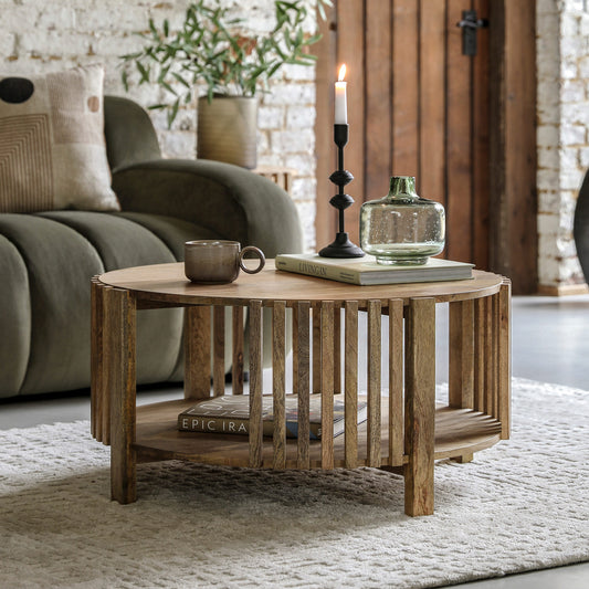 Slatted wooden coffee table in natural finish with lower storage shelf