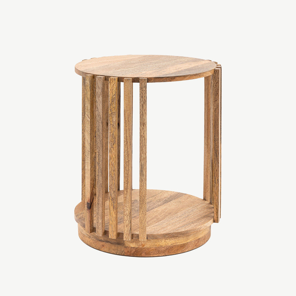 Slatted wooden side table in natural finish with lower storage shelf