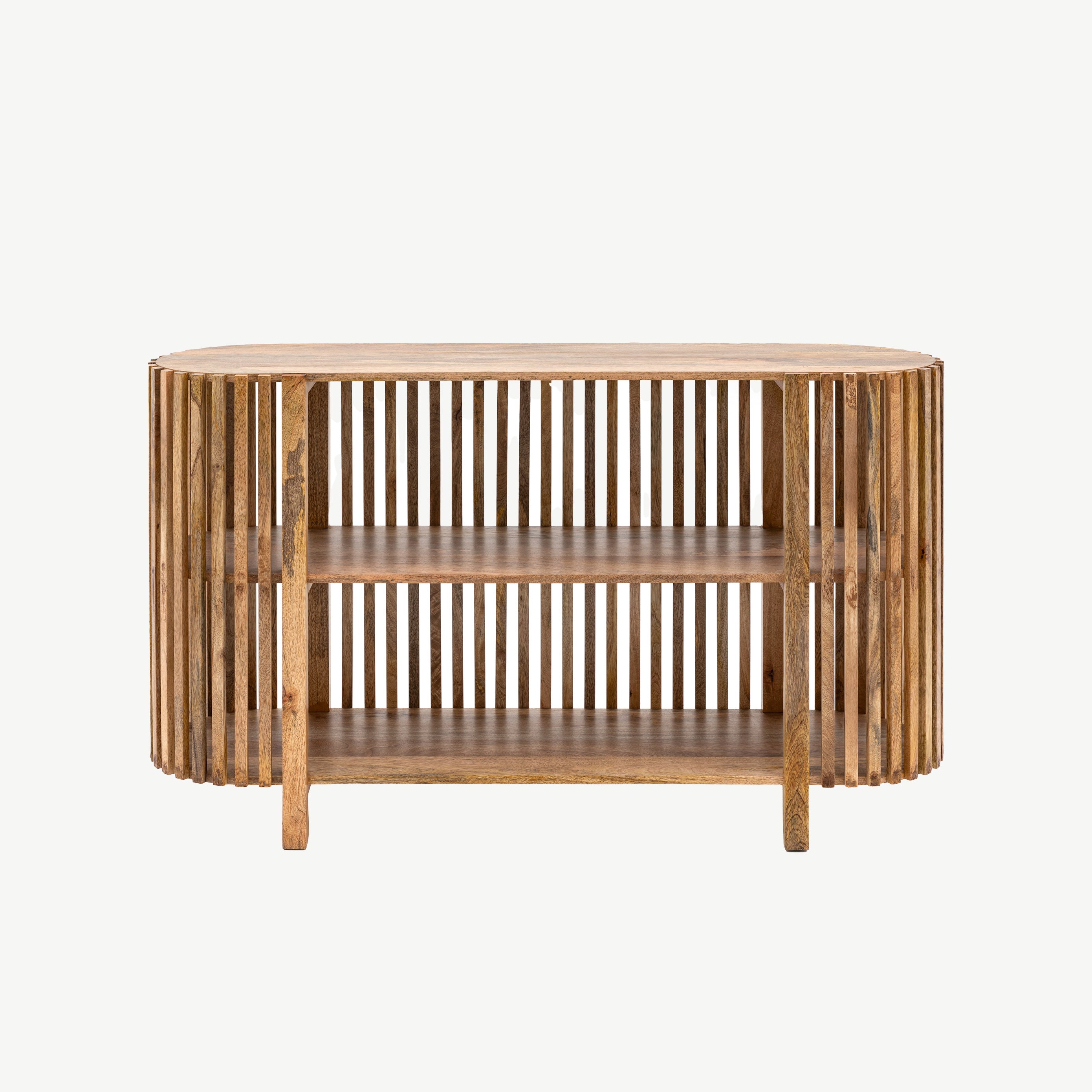 Slatted wooden console table in natural finish with two storage shelves