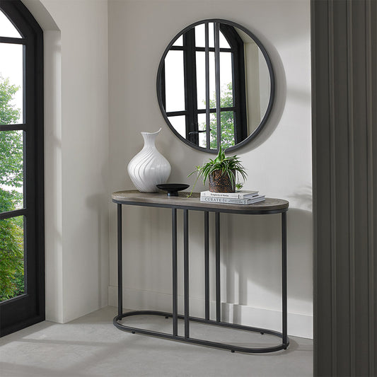 Wooden console table with saw-cut ash chevron pattern in silver grey finish and black powder coated metal base
