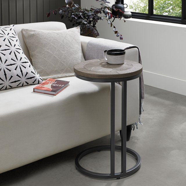 Wooden sofa table with saw-cut ash chevron pattern in silver grey finish and black powder coated metal base