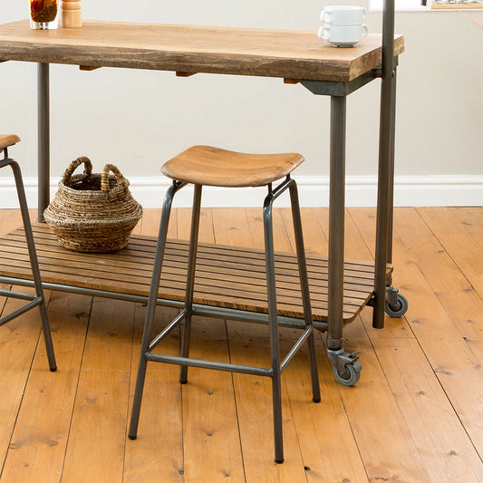 Rustic wood dining stool with black metal frame