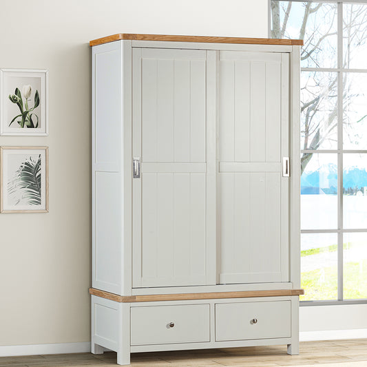 Painted off-white 2 drawer wardrobe with natural wood trim, sliding doors and 2 drawers
