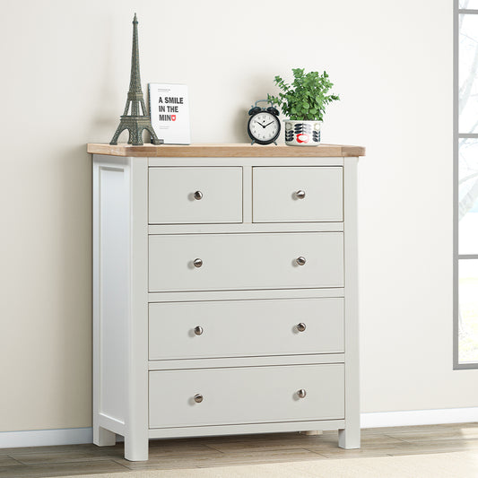 Painted off-white 2 over 3 chest with natural wood top and silver drawer handles 
