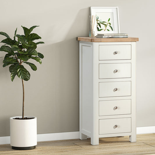 Painted off-white 5 drawer chest with natural wood top, five spacious drawers with accompanying silver drawer knobs
