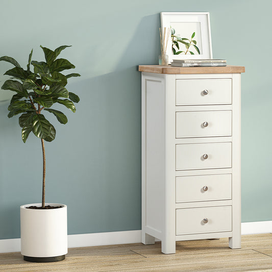 Painted off-white 5 drawer chest with natural wood top, five spacious drawers with accompanying silver drawer knobs
