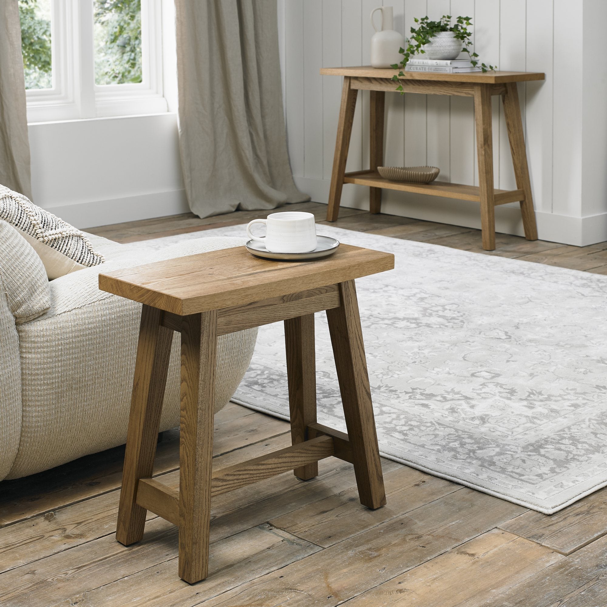 Rustic oak side table with laminated oak top and solid ash legs all in natural finish
