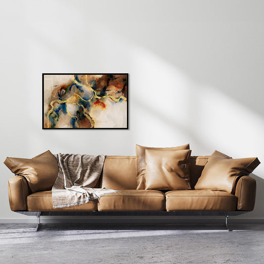 Soft abstract image featuring hues of gold, indigo and brown, embellished with gold-leaf metal placed in a black box frame