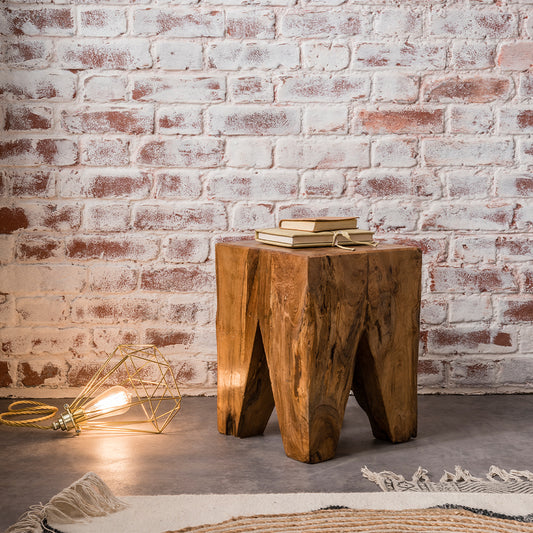 Rustic wood square side table varnished in natural finish